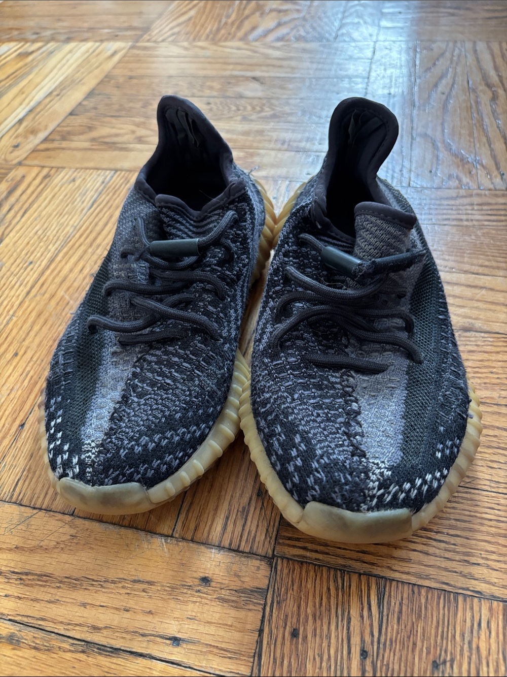 Yeezy Kids Black and Gray Knit Sneakers with Gum Sole